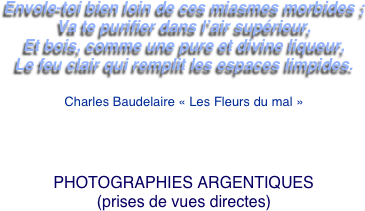 Envole-toi bien loin de ces miasmes morbides ;
Va te purifier dans l’air supérieur,
Et bois, comme une pure et divine liqueur,
Le feu clair qui remplit les espaces limpides.

Charles Baudelaire « Les Fleurs du mal »




PHOTOGRAPHIES ARGENTIQUES (prises de vues directes)
