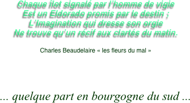 Chaque îlot signalé par l’homme de vigie
Est un Eldorado promis par le destin ;
L’Imagination qui dresse son orgie
Ne trouve qu’un récif aux clartés du matin.

Charles Beaudelaire « les fleurs du mal »





... quelque part en bourgogne du sud ...
