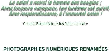 Le soleil a noirci la flamme des bougies ;
Ainsi,toujours vainqueur, ton fantôme est pareil,
Âme resplendissante, à l’immortel soleil !

Charles Beaudelaire « les fleurs du mal »





PHOTOGRAPHIES NUMéRIQUES REMANIéES